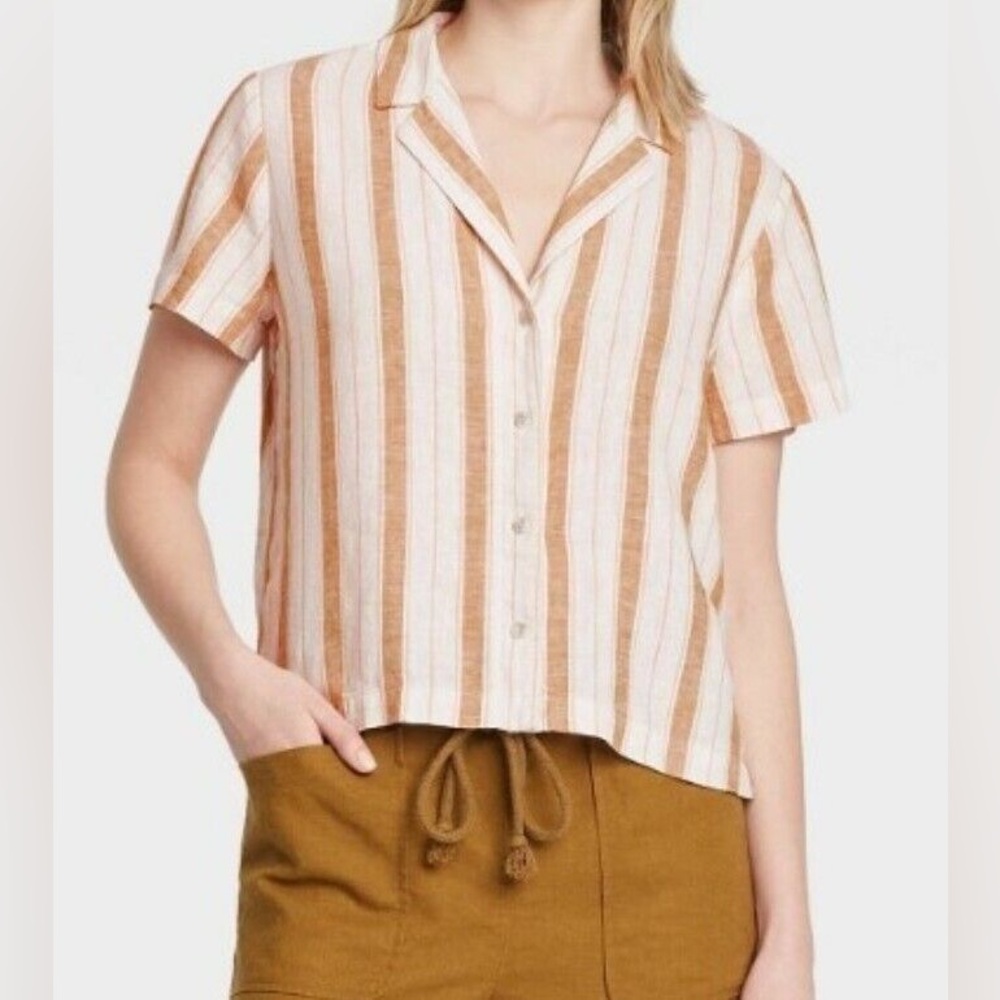 Universal Thread Tan Pink Vetical Stripe Linen Button Shirt Size XL